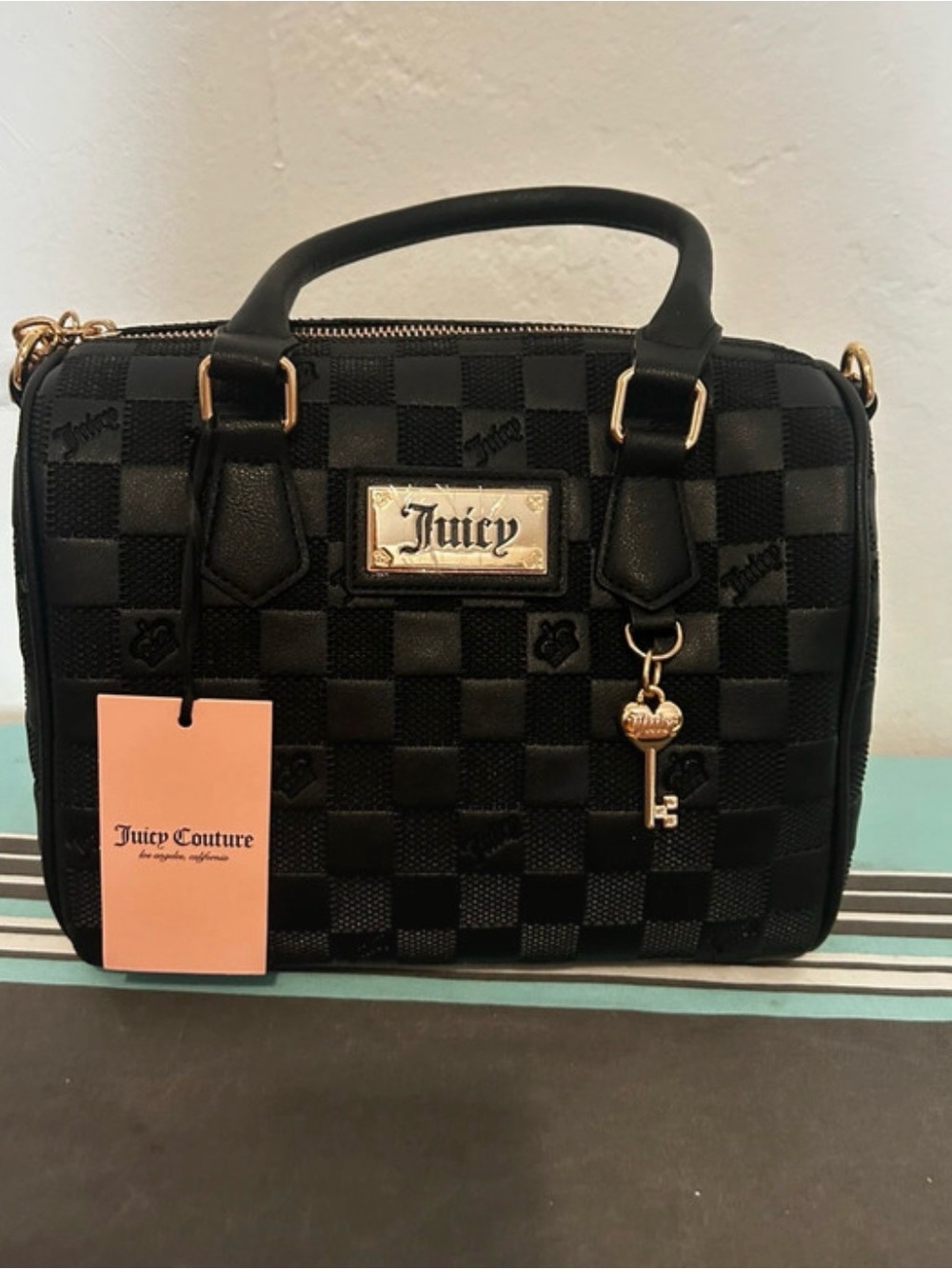 Juicy Couture Black Checker Satchel with Gold Key Charm